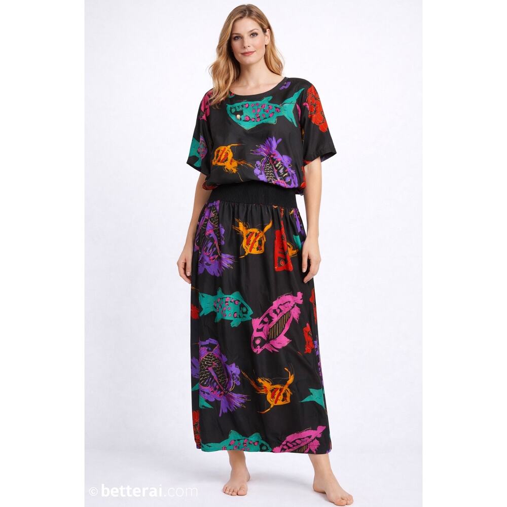 St. Tropez Wear 100% Silk Fish Print two pieceSkirt & Top Black Neon Vtg Sz 6